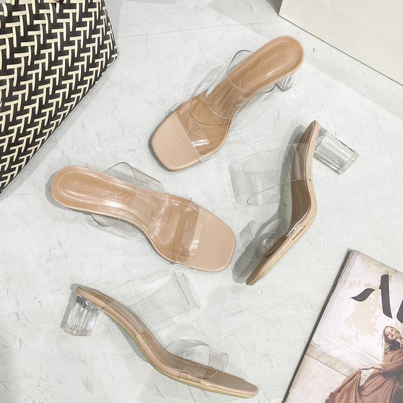 One-word high-heeled women's sandals, new thick-heeled transparent medium-heeled crystal cool slippers in summer 2025, thick-heeled heel increased