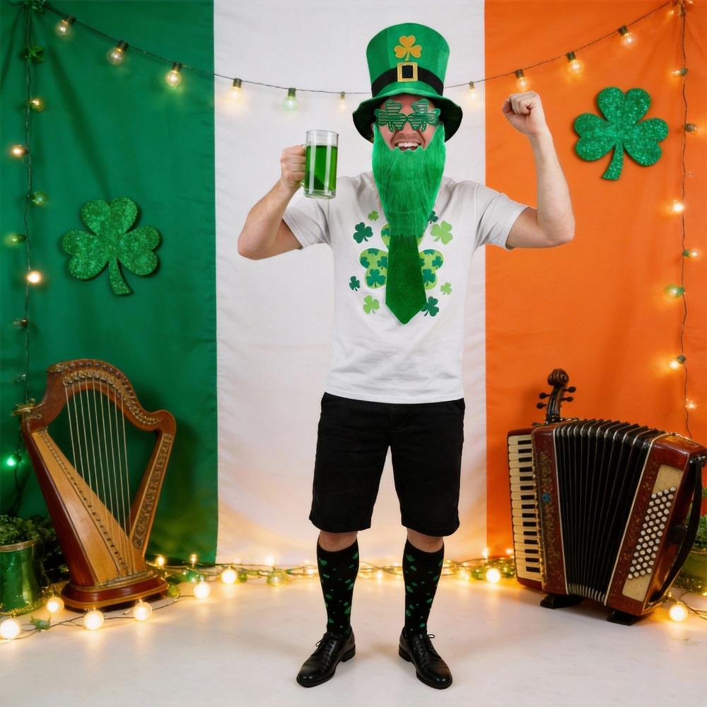 5pcs St. Patrick's Day Party Costume Suit Green Funny Hat Bow Beard Bow Tie Beard Favors Irish Leprechaun Costume Accessory