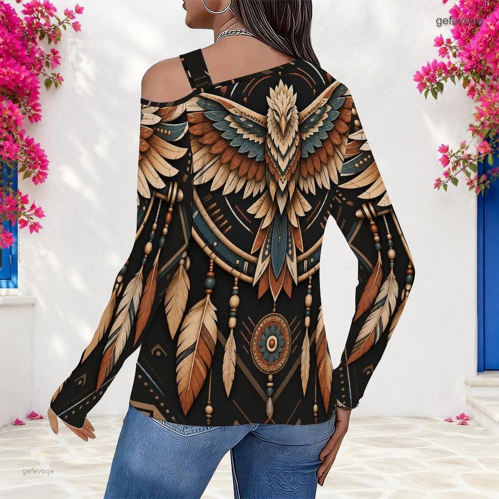 Women Plus Size Asymmetric Cutout Neck Cold Shoulder Long Sleeve Fitted Eagle Printed Top