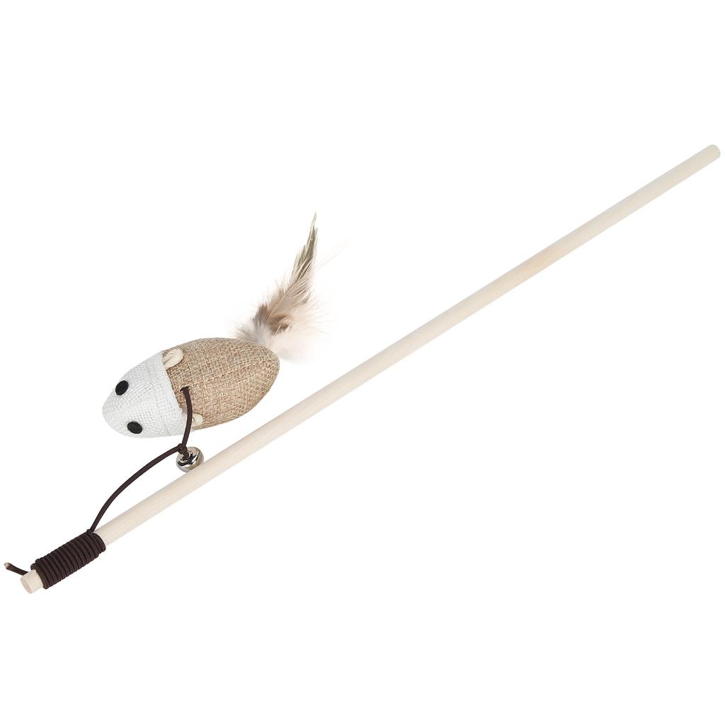 Wooden Cat Funny Stick Wand Pet Teaser Mice Toys with Crisp Bell Feather and Linen Mouse