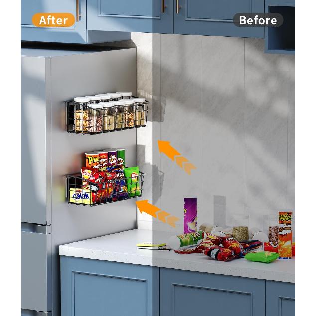 2Pcs Magnetic Shelf for Refrigerator, Versatile Magnetic Basket Fridge with 2 Hooks for Kitchen Storage, Fruit Potato Onion Storage Shelves, Large