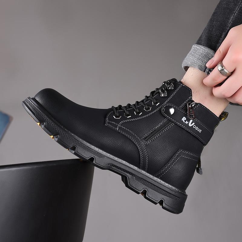 Men's British Style High-Top Leather Boots, Warm Cotton Lining, Anti-Slip Winter Snow Boots