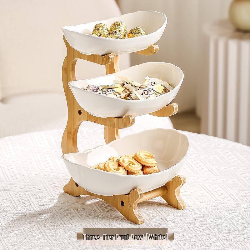 Bamboo & Wood Multi-layer Fruit Bowl and Pastry Plate - Creative Double-layer Ceramic Snack Holder for Home.
