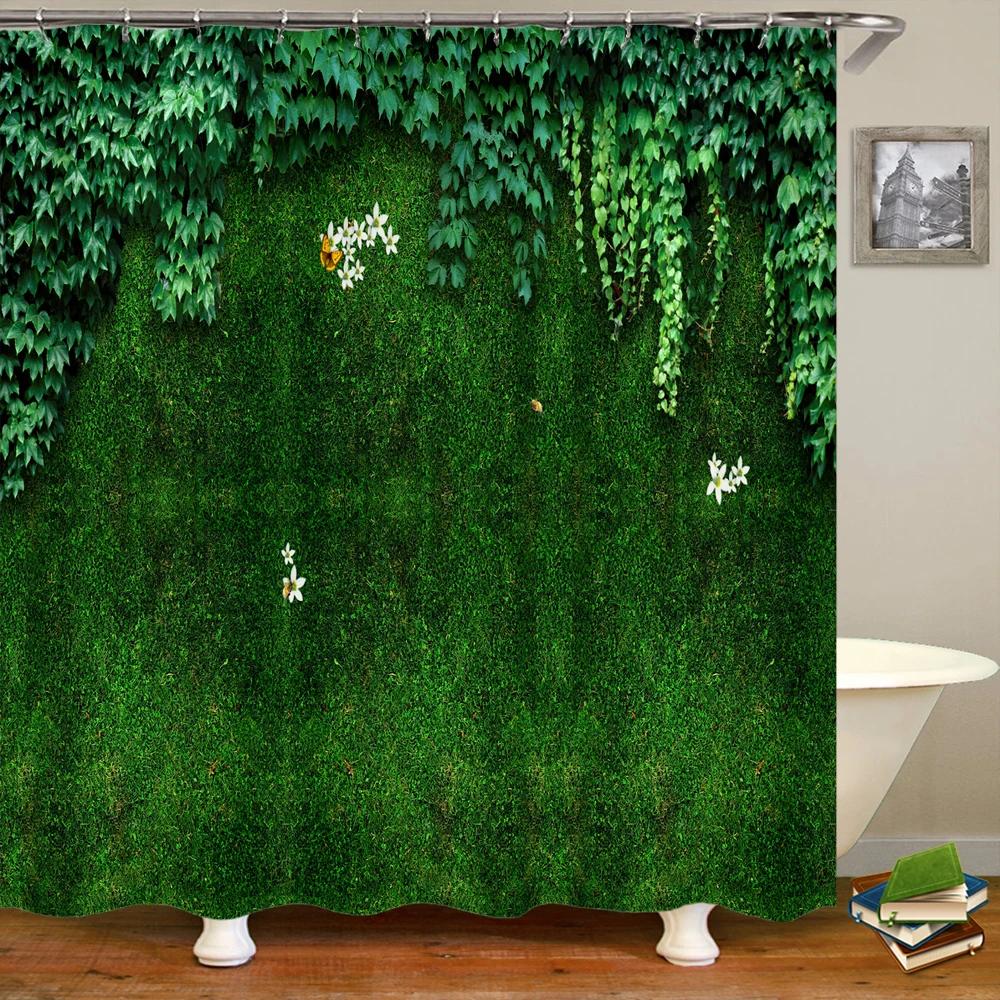 Variety of Various Green Plant Grass Lawn Leaf 3D Printing Shower Curtain Polyester Waterproof Home Decoration Curtain with Hook
