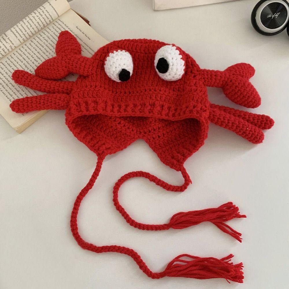Eyes Crab Beanies Hat Knit Drawstring Hat Sweet Crab Pullover Cap  Outdoor
