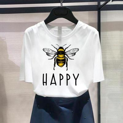 Asian Size-Print Ladies Female T Clothing Bee Letter Trend Cute 90s Casual Women's Summer Top Graphic Tee Fashion Short Sleeve T-shirt