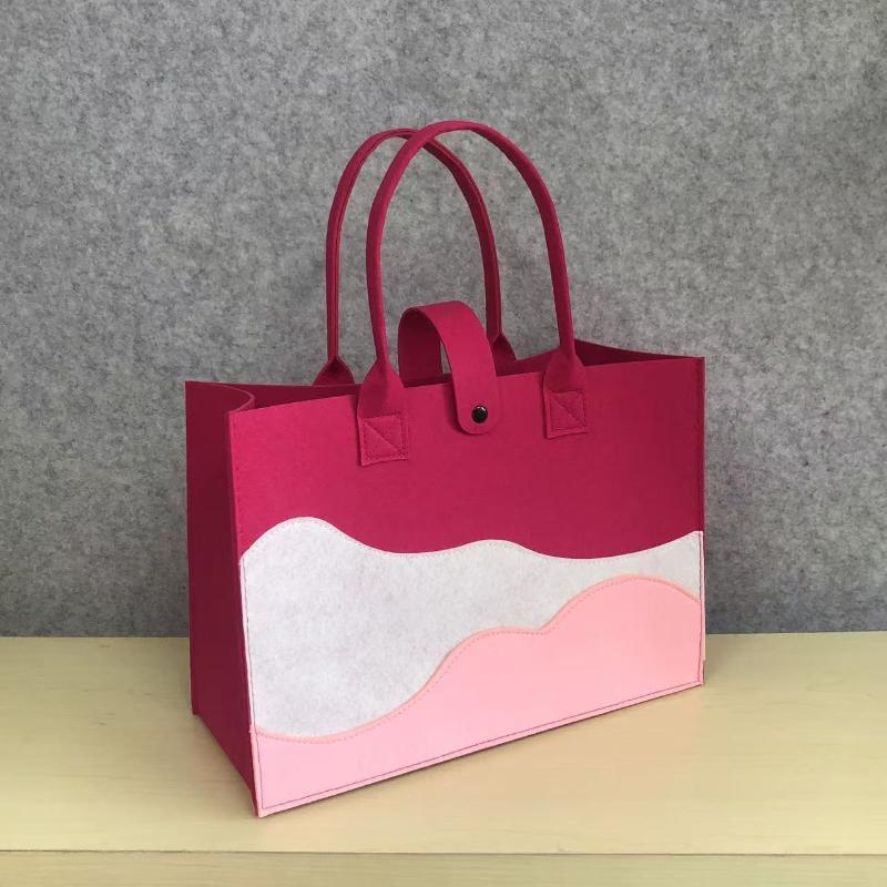 Reusable Felt Tote Bag Wavy Color Block Design Snap Closure Large Capacity for Picnic Shopping Office Commute