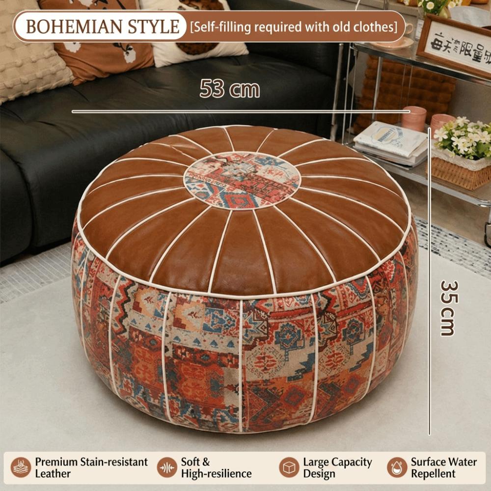 PU Leather Footstool Cover Boho Pattern Storage Ottoman New Round Pouf Cover Living Room