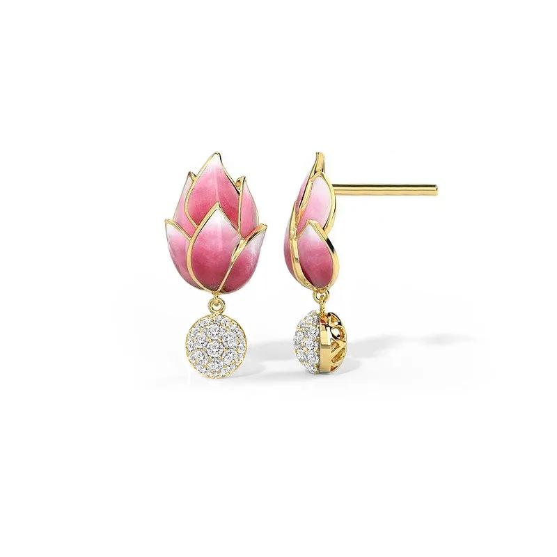Pink enamel tulip earrings set with crystal drops, women s exquisite flower earrings, romantic jewelry gift