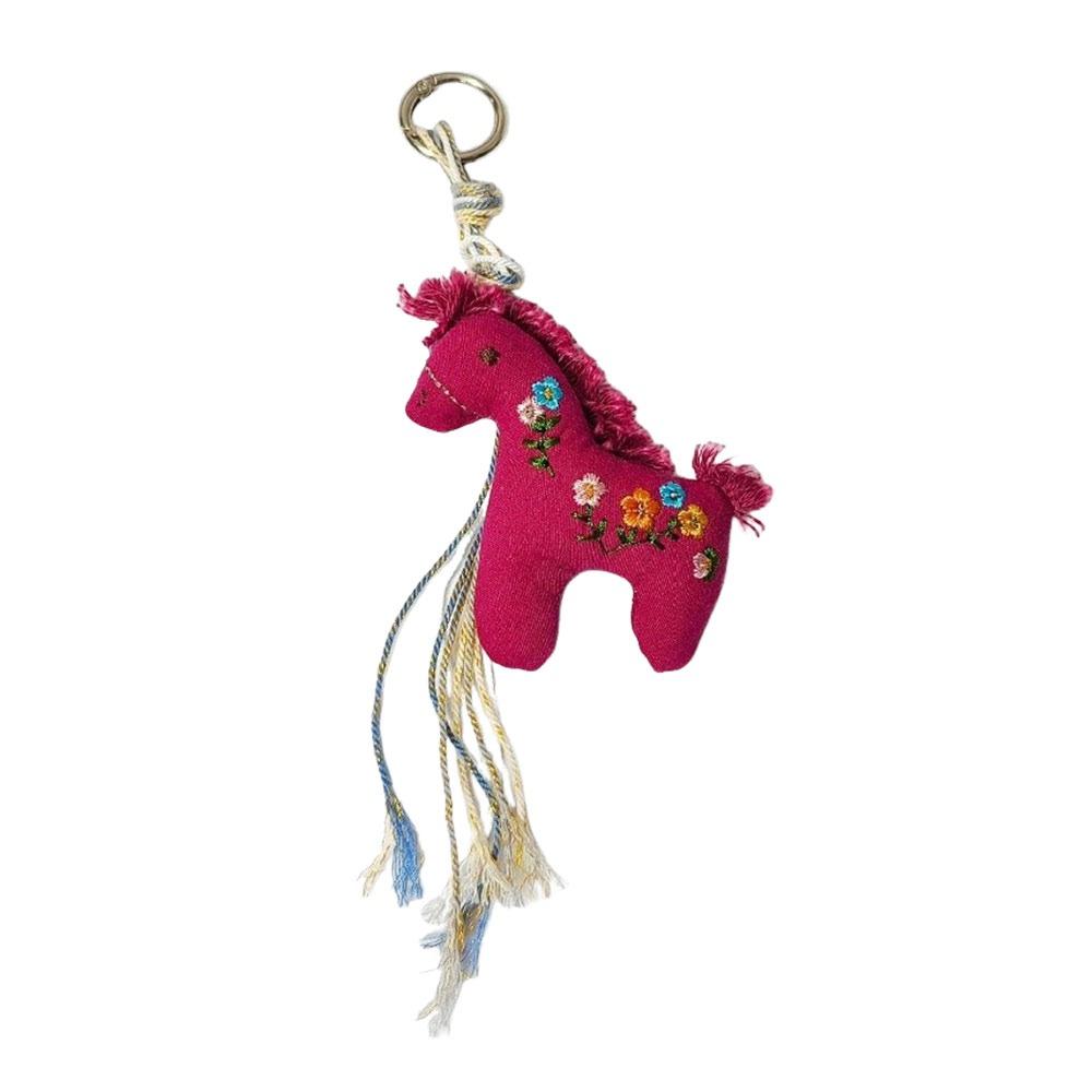 Cute Retro Pony Keychain Fabric Embroidered Key Holder Handmade Elephant Pony Pendant Gift