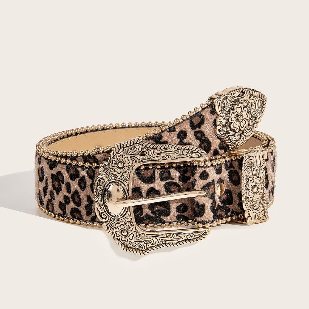 Gothic Y2K Leopard Print Belt PU Personality Carved Buckle Belt Jeans Decoration Vintage Suede Waistband Spicy Girl