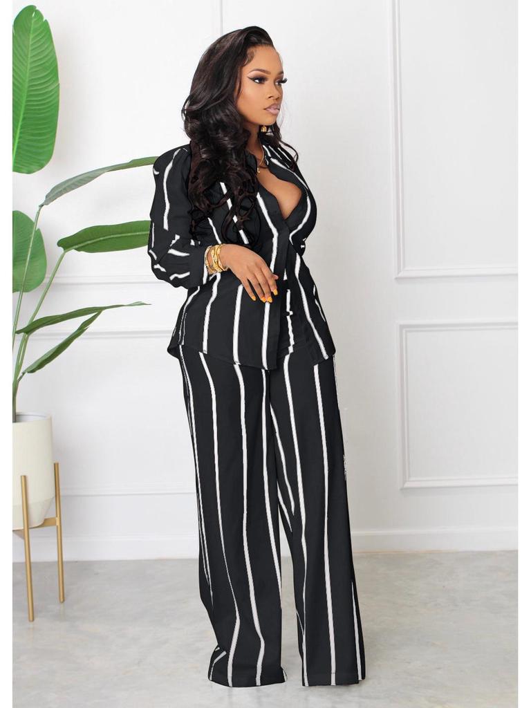Women's Striped Printed Long-Sleeve Shirt Suit - Two-Piece Set