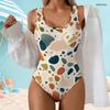 Women Plus Size Geometric Printed Scoop Neck Wide Strap One Piece High Cut Swimsuit