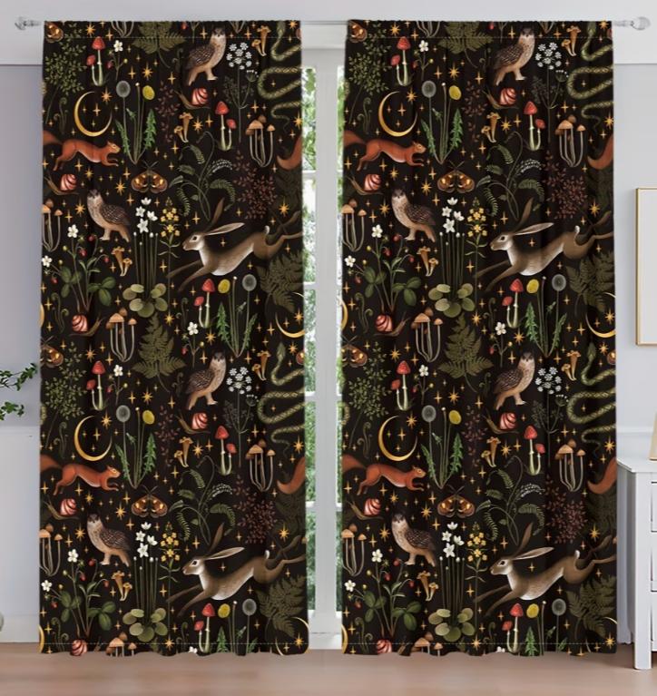 2pcs Forest Animal Floral Print Curtains Summer Scenery, Rod Pocket for Living Room Kitchen Bedroom Decor Curtains Living Room