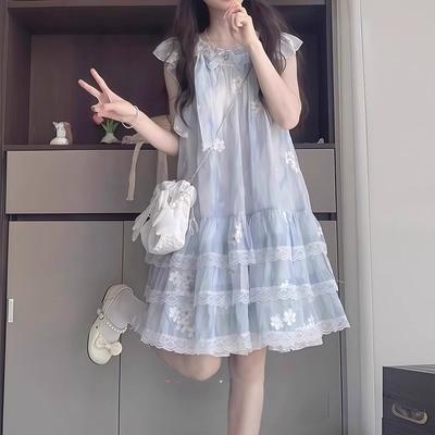 Girls French Floral Tulle Dress Elegant A Line Princess Skirt for Big Kids Sweet Summer Party Gown