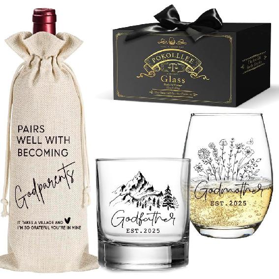 EST 2025 First Time Godfather Godmother Gifts for New Godparents, Godparents Proposal Gift, Pregnancy Announcement Wine Bag, 2025 Novelty Baptism