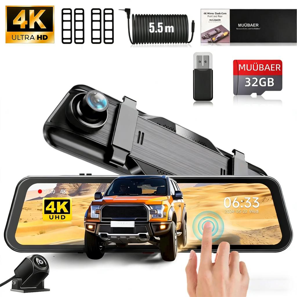 4K Front and Rear Mirror Dash Cam, 9.66" IPS Touch Screen Dual Cameras, Loop Recording, G-Sensor, Parking Assistance, Backup Cam