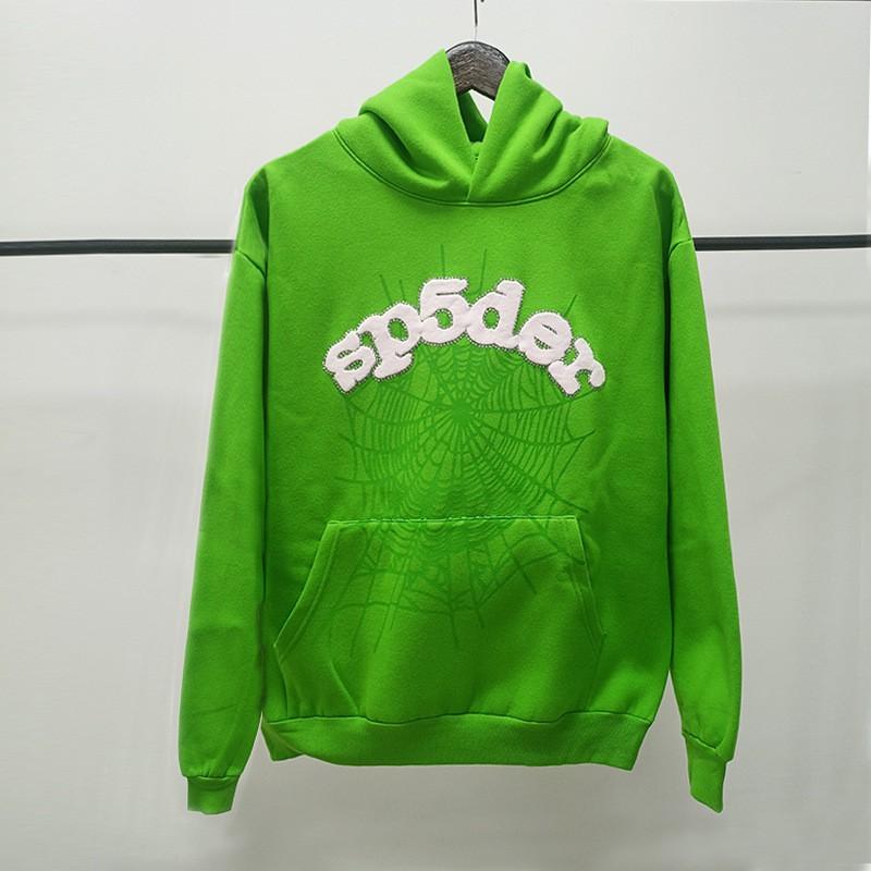 Felpa Sp5der Oversize Spessa in Pile con Stampa a Foglia Ragnatela Design Uomo Inverno Casual
