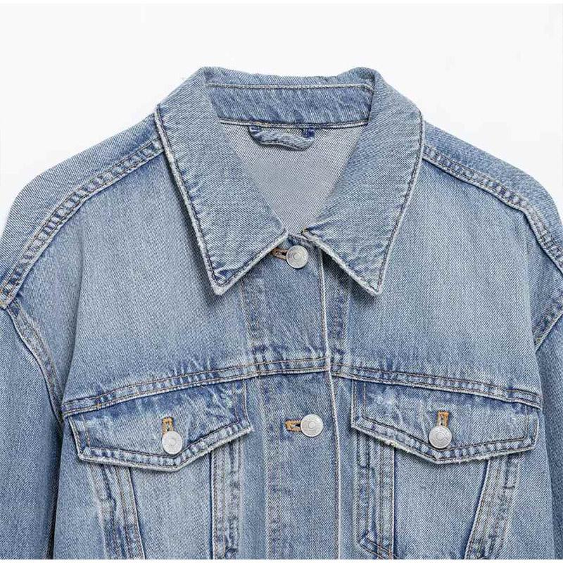 Street Style Denim Jacket for Women Turn-down Collar Long Sleeve Outerwear Women's Casual Fashion Solid Color Jacket