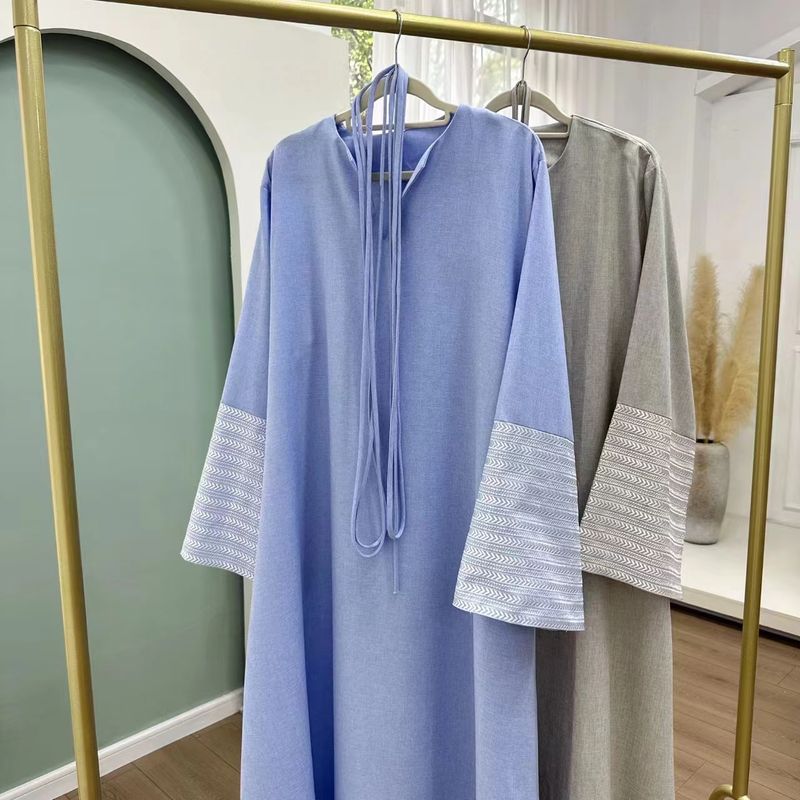 

New Middle East Fashion V-neck Embroidered Elegant Robe Dress V-Neck Embroidered Dress Light Blue 2XL