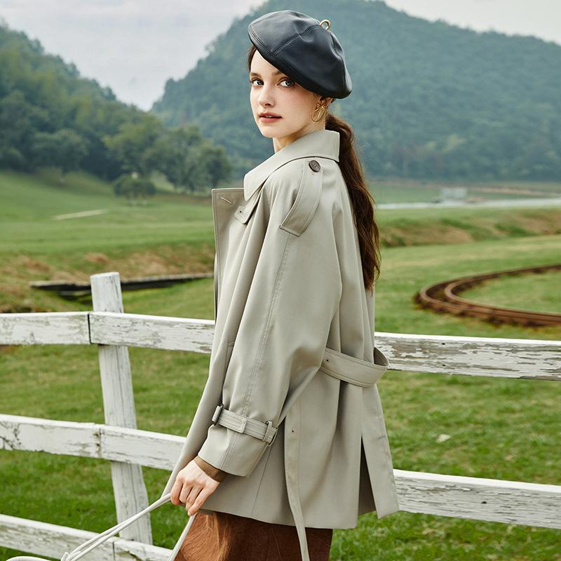 Women's Turn Down Collar Long Sleeve Loose Fit British Style Midi Trench Coat Belted Outerwear Jacket
