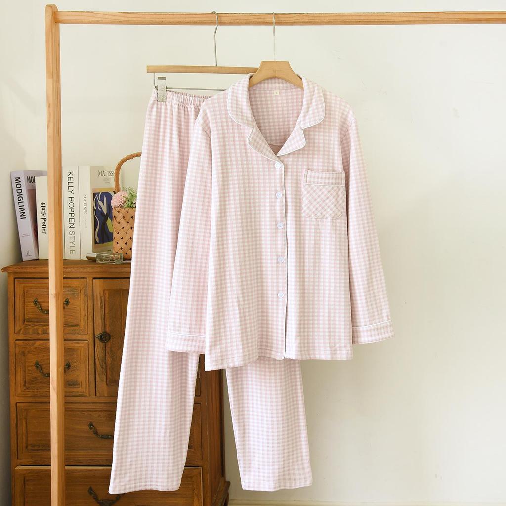 De Velvet Couple's Autumn/Winter Pajama Set: Women's Simple Check Long Sleeve & Men's Loose Casual Home Wear, Also Suitable for Spring Outdoor Wear