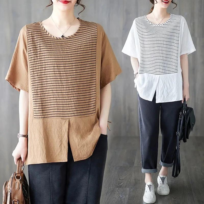 T-shirt Women Versatile Summer Casual Large Size Loose Round Neck Pullover Short-sleeved Tops