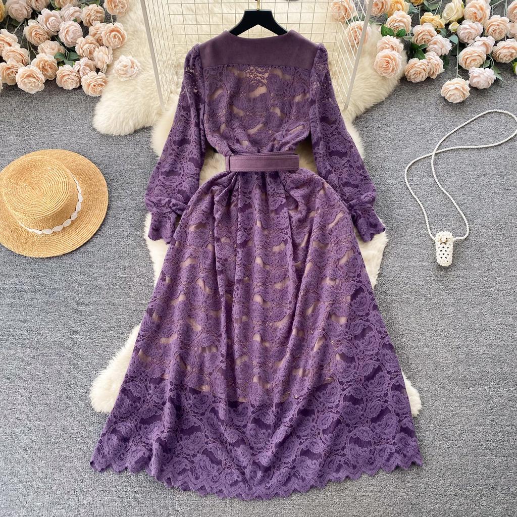 New Women V-neck Purple Lace Christams Party Dresses Vintage Long Sleeve Mid-calf Dress WIth Belt