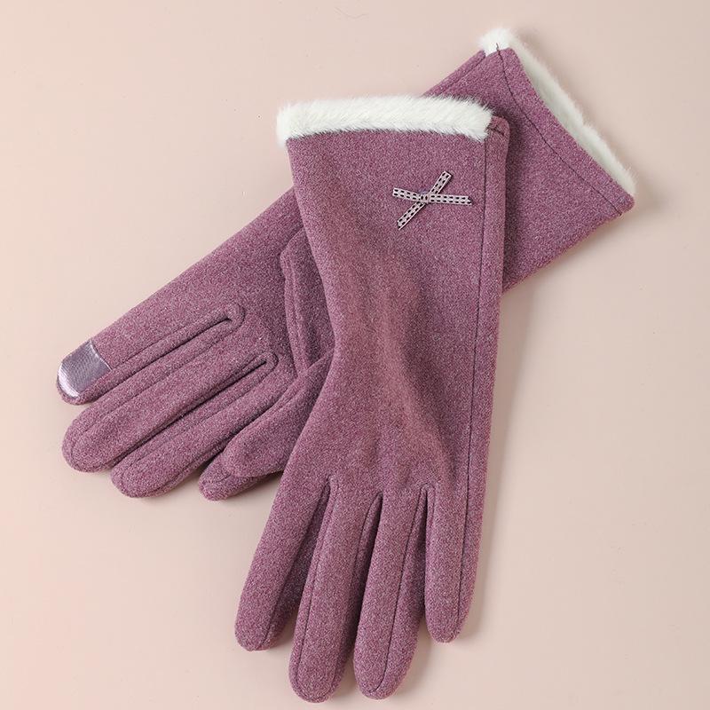 Warm Gloves for Women Rabbit Fleece Cute Bow Thickened Plush Windproof Riding Touch Screen Autumn and Winter Gloves