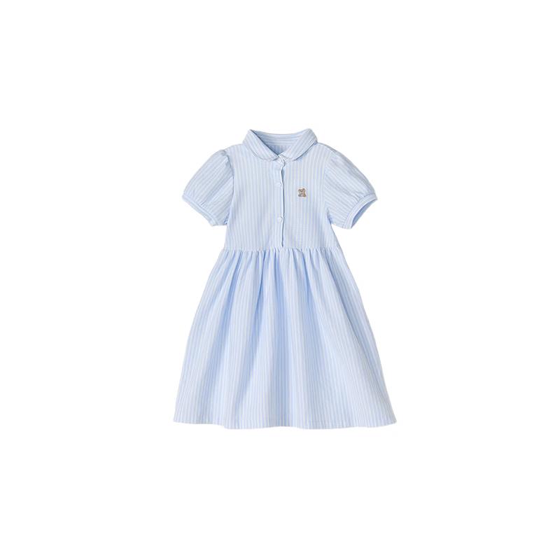 Girls  Polo Collar Striped Short-Sleeve A-Line Dress 120 синий полосатый