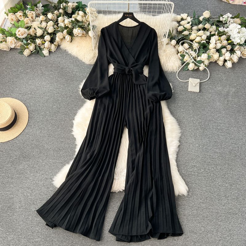 Puff Sleeves V-neck Lace-up Waist-Tight Pleated Jumpsuit