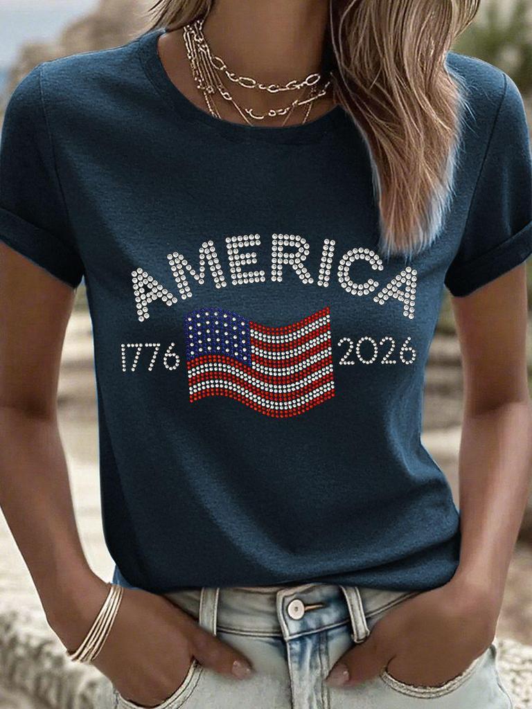 Women's 250th Anniversary Independence Day Digital Print T-shirt – Short Sleeve, Casual European & American Style