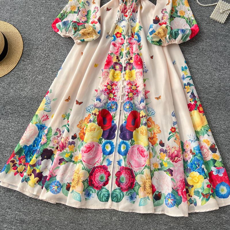 Spring Autumn Women Plus Size Print Single Breasted Long Maxi Seaside Holiday Beach Dresses with Belt