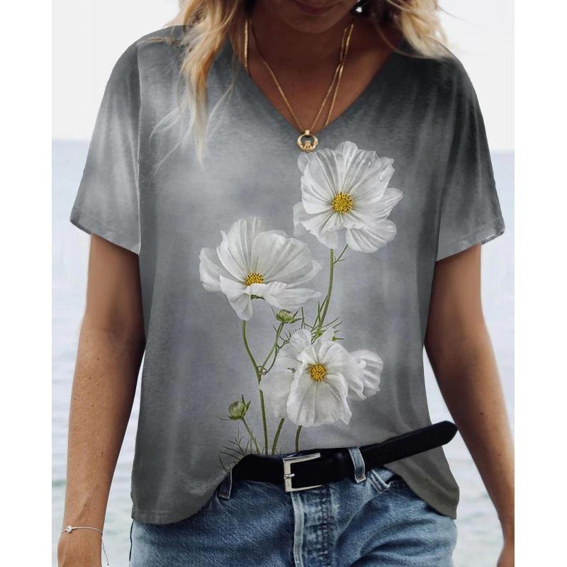 Summer V-neck 3D Flower Butterfly Printed Top Fashionable Casual Short Sleeved Women's T-shirts