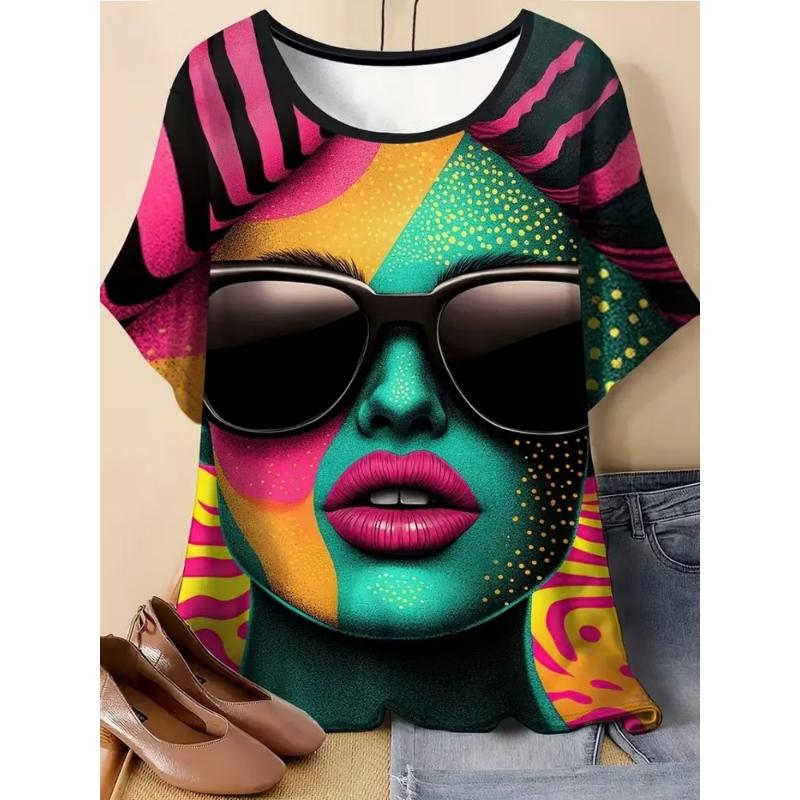Fashion Women s Crew Neck Short Sleeve 3D Color Printed Portrait Short Sleeve Crew Neck T-Shirt XS