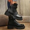 Retro Dicksohlige Braune Stiefeletten Damen 2025 Winter Metall Schnalle Dekoration Kampfstiefel Übergröße Damenschuhe mit Plateau