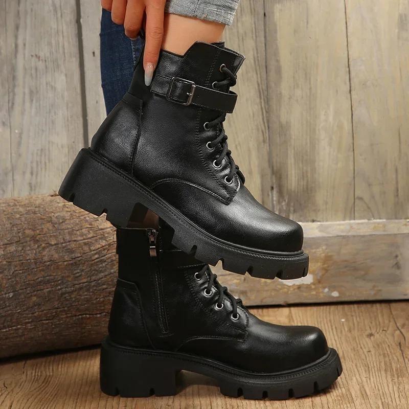 Retro Thick Bottom Brown Ankle Boots Women 2025 Winter Metal Buckle Decoration Combat Boots Plus Size Woman Shoes with Platform