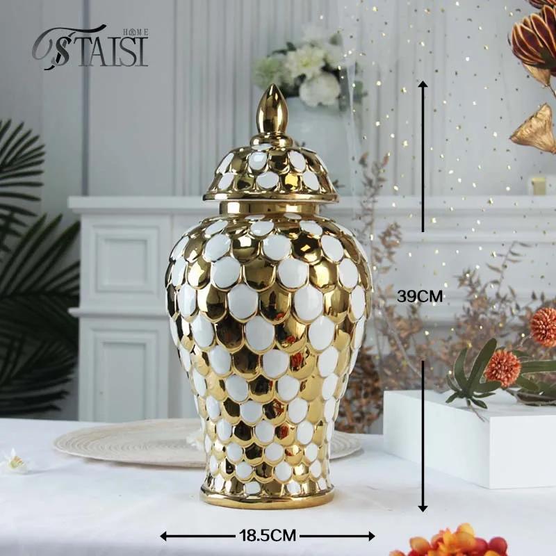 Ceramic General Jar Porcelain Handicrafts Geometric Golden Jar Storage Tank Flower Vase Home Decoration Accessories