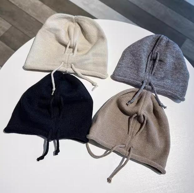 Autumn and Winter Light Board Drawstring Wool Stacking Hat Children Curled Edge Thickened Warm Bag Head Confinement Hat Showing Face Small Pullover