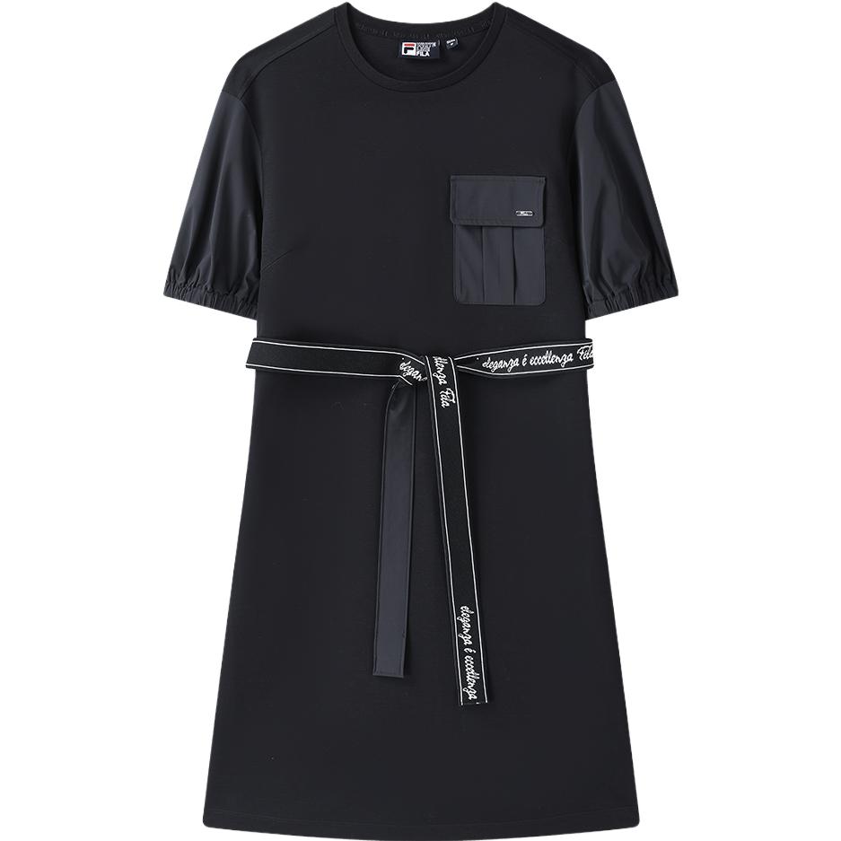 Fila Solid Color Fashion Casual Breathable Comfortable Pullover Round Neck Knitted Short Sleeve Dress Women Dresses Legendary-Blue F11W327303FNV