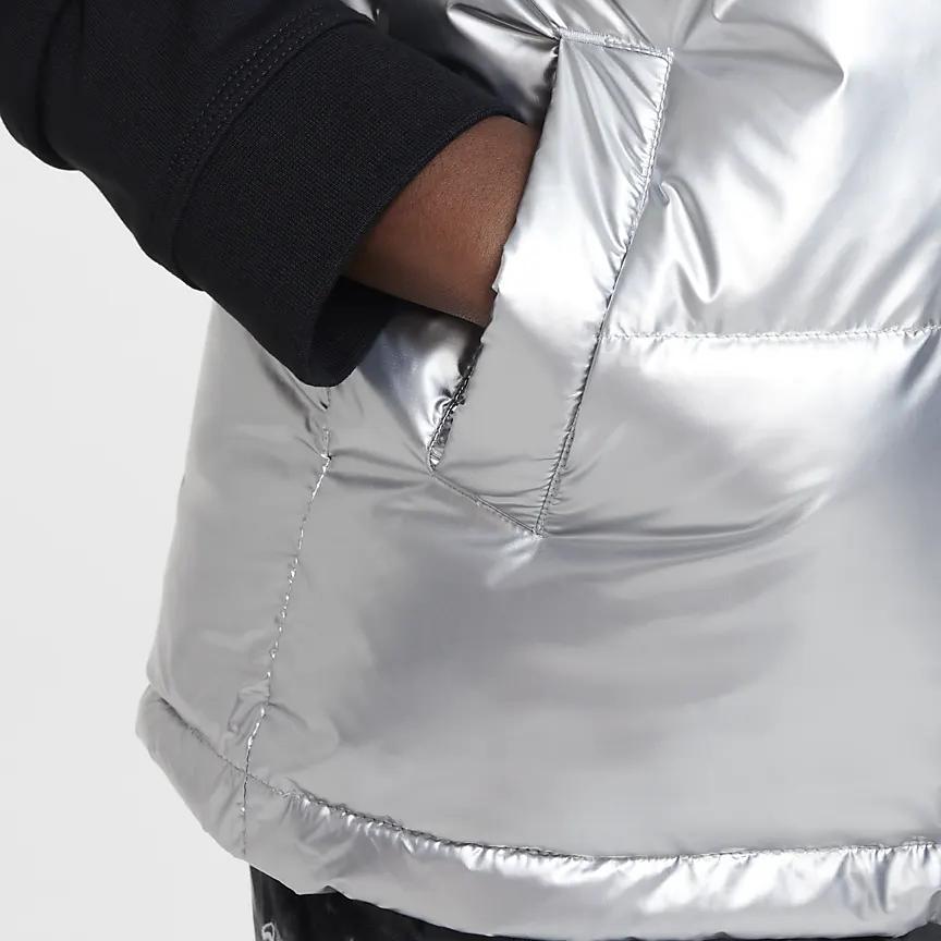 Nike Solid Color Logo Print Hooded Velcro Zipper Down Vest Kids Vests Silver DZ9728-048