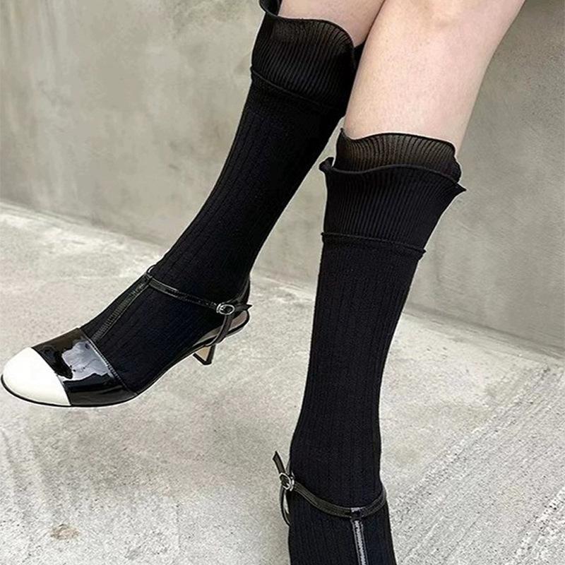 

Women s Summer Thin Ballet Double Ruffle Mid-Calf Stacked Socks Cute Trendy Unisex Ruffled Calf Design One Size