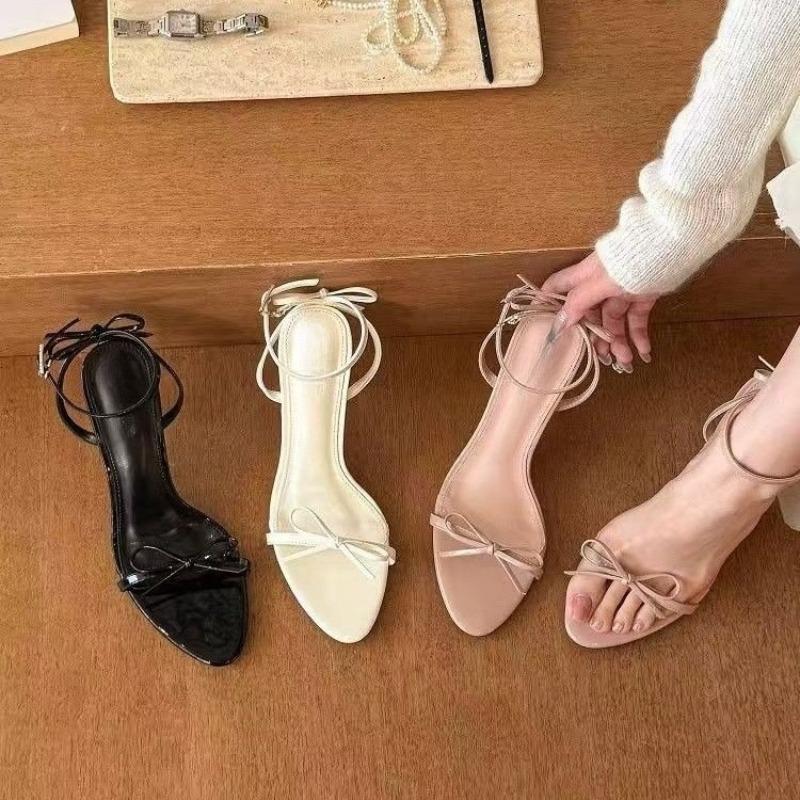 Fashion Temperament Bow Stiletto High Heels Women's Summer Round Toe Open Toe Sweet One Strap Anti-slip Wear-resistant Sandals