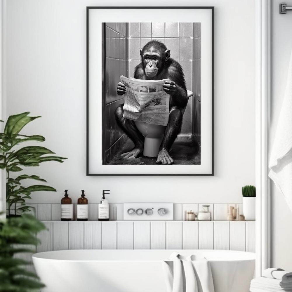 Monkey Sitting On The Toilet Reading Newspaper Funny Animal Bathroom Wall Art Decor Print Toilet Room Humour Poster Home Decor