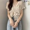 Women's French V-Neck Crochet Knit Cardigan - Chic Summer Fashion, Slimming Loose Fit, Versatile Top
