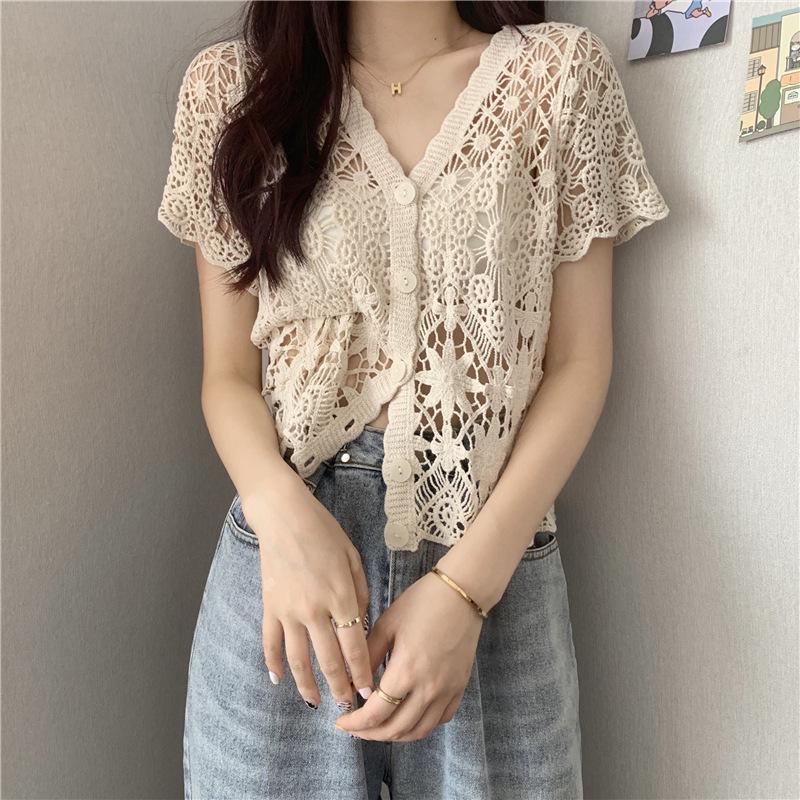 Women's French V-Neck Crochet Knit Cardigan - Chic Summer Fashion, Slimming Loose Fit, Versatile Top