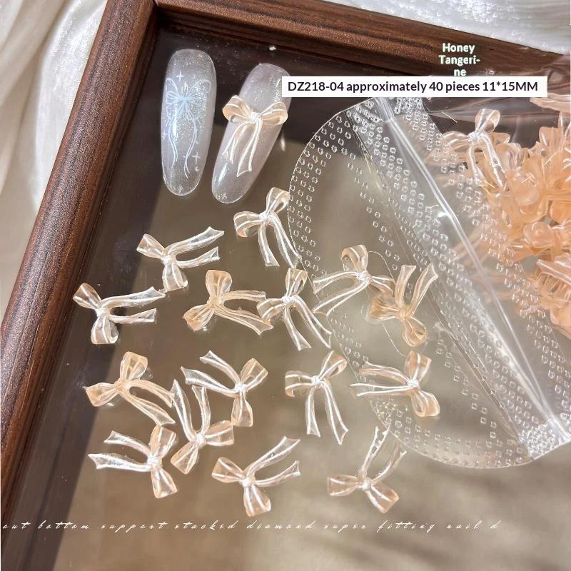 40 Pcs Soft Sculpted Clear Bow Nail Art Jewelry Mixed Jelly-Colored Matte Ribbon Bowknot Wearable Nail Decorations Diy Manicure