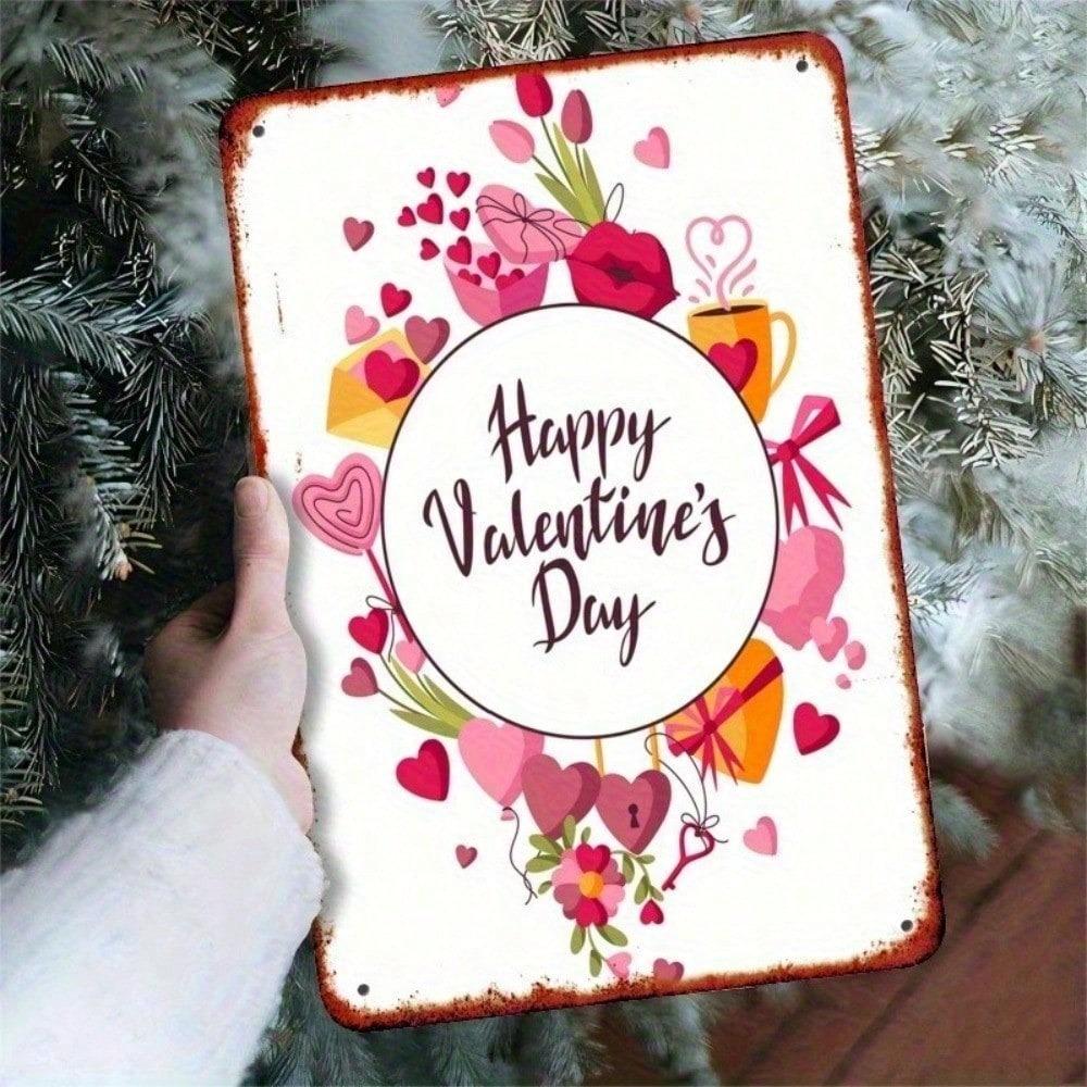 1pc 8x12in Pink Red Flower Heart Metal Sign Vintage Wall Art Home Decor