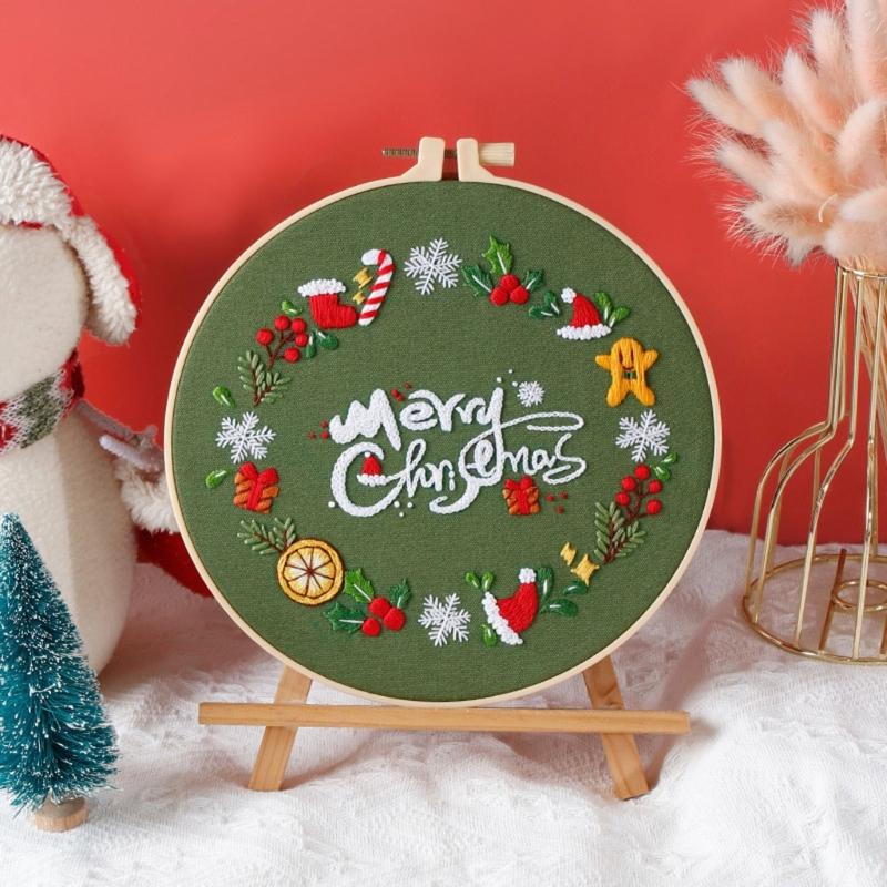 Christmas Pattern CrossStitch Kits Embroidery Starter DIY Kits with Embroidery Clothes Hoop Thread Needle for Beginner