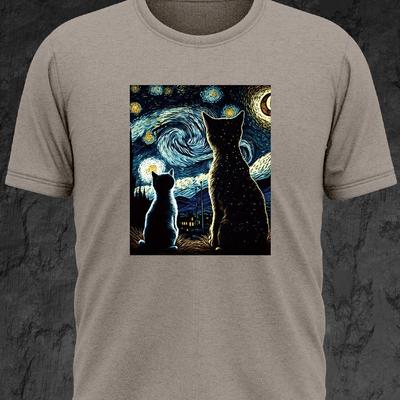 Herrkläder Casual Grafiska T-shirts För Sommaren Katter Som Tittar På Nattens Himmelsmotiv Rundhalsade T-shirts Trendigt Chic Outfit Herrkläder
